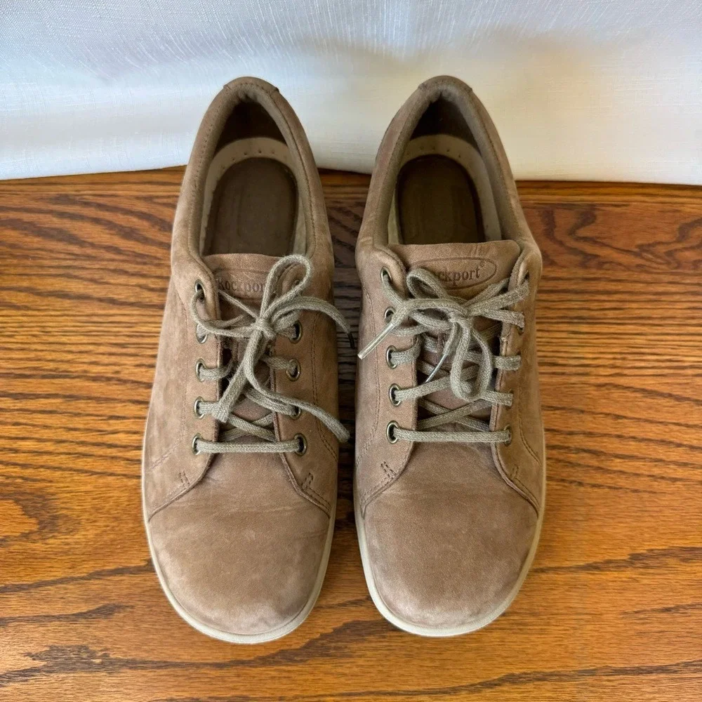 Rockport Womens Taupe Nubuck Leather Walking Shoes Lace Up Sneakers 7.5 M WW413